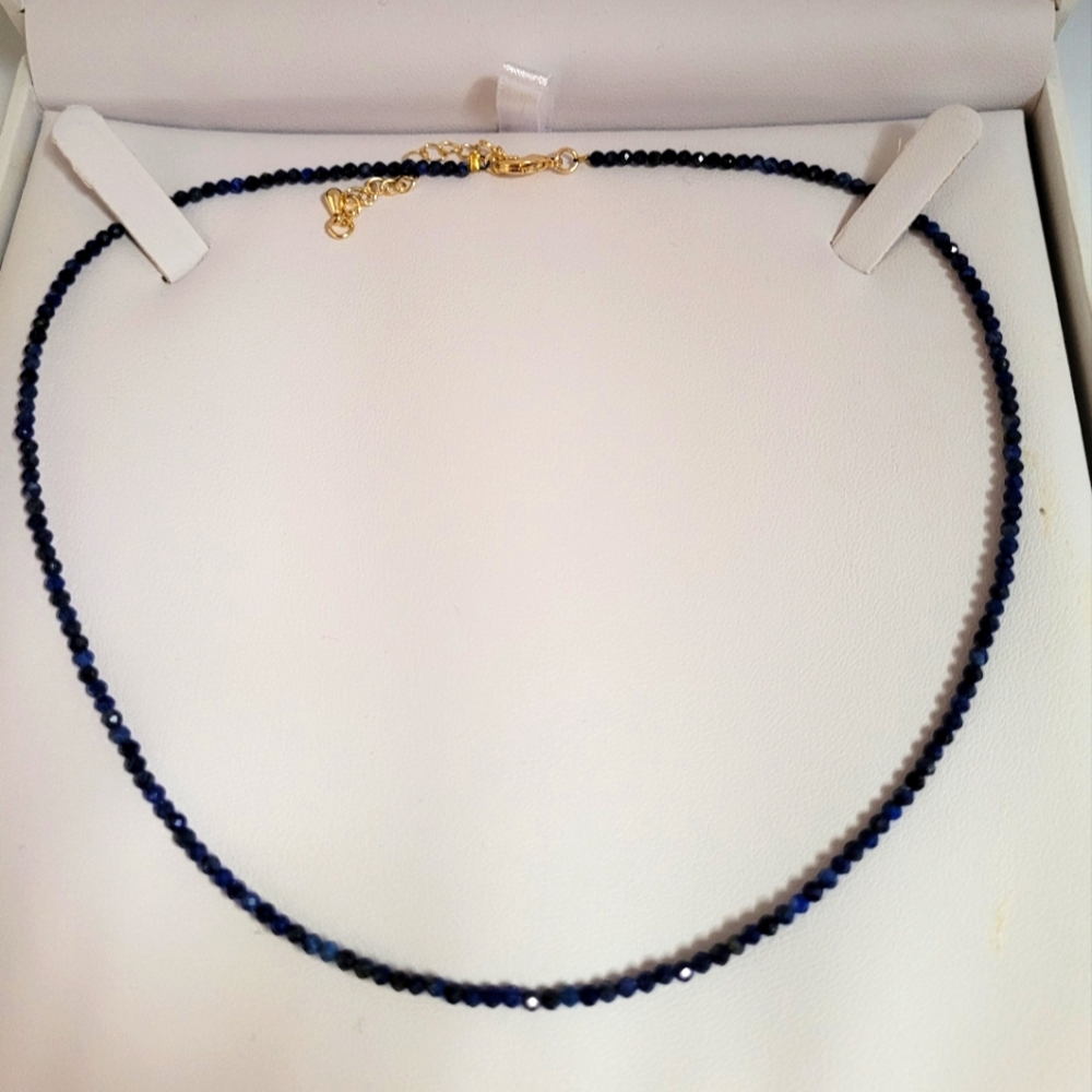 Lapis Lazuli Blue Beaded Necklace, 16"L With 2" Gold Plated Extention.
